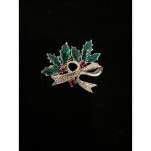 Festive Antique Enamel Mistletoe Pin Brooch Christmas Holiday Red Green Dressy
